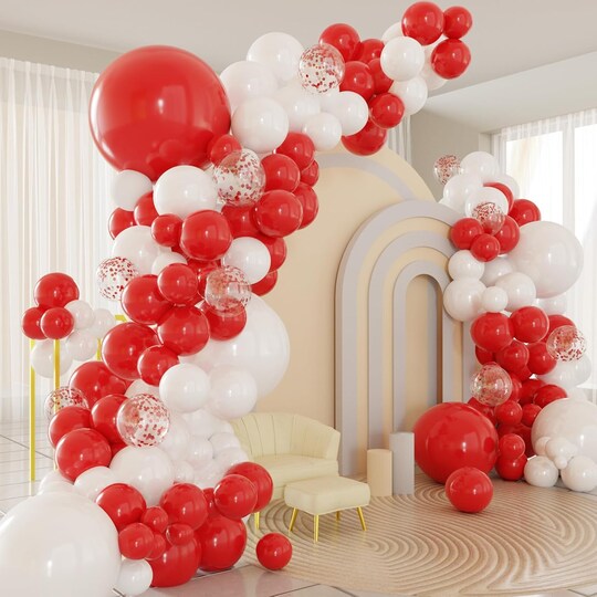 124PCS Red White Balloon Arch Kit with Confetti Balloons – DIY Garland Set with 16ft Strip & Glue Dots for Graduation, Birthday, Baby Shower, Wedding & Party Decorations